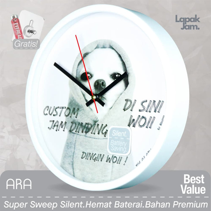 Jam Dinding Analog Custom ARA Putih &amp; Jarum 249-169 Hitam MJD 6168 JDARCSTM168-RPUTJHIT249-169-M6168