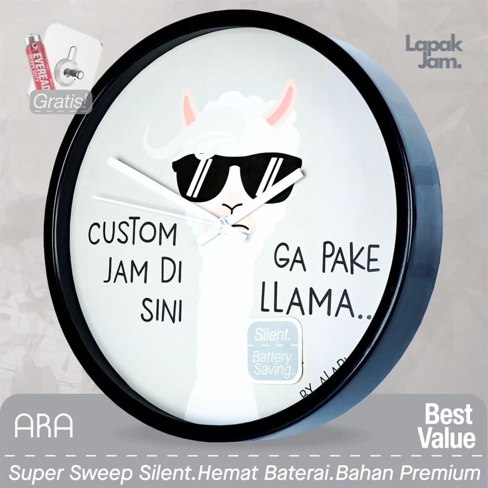 Jam Dinding Analog Custom ARA Hitam &amp; Jarum 249-169 Putih MJD 6168S JDARCSTM168-RHITJPUT249-169-M6168S