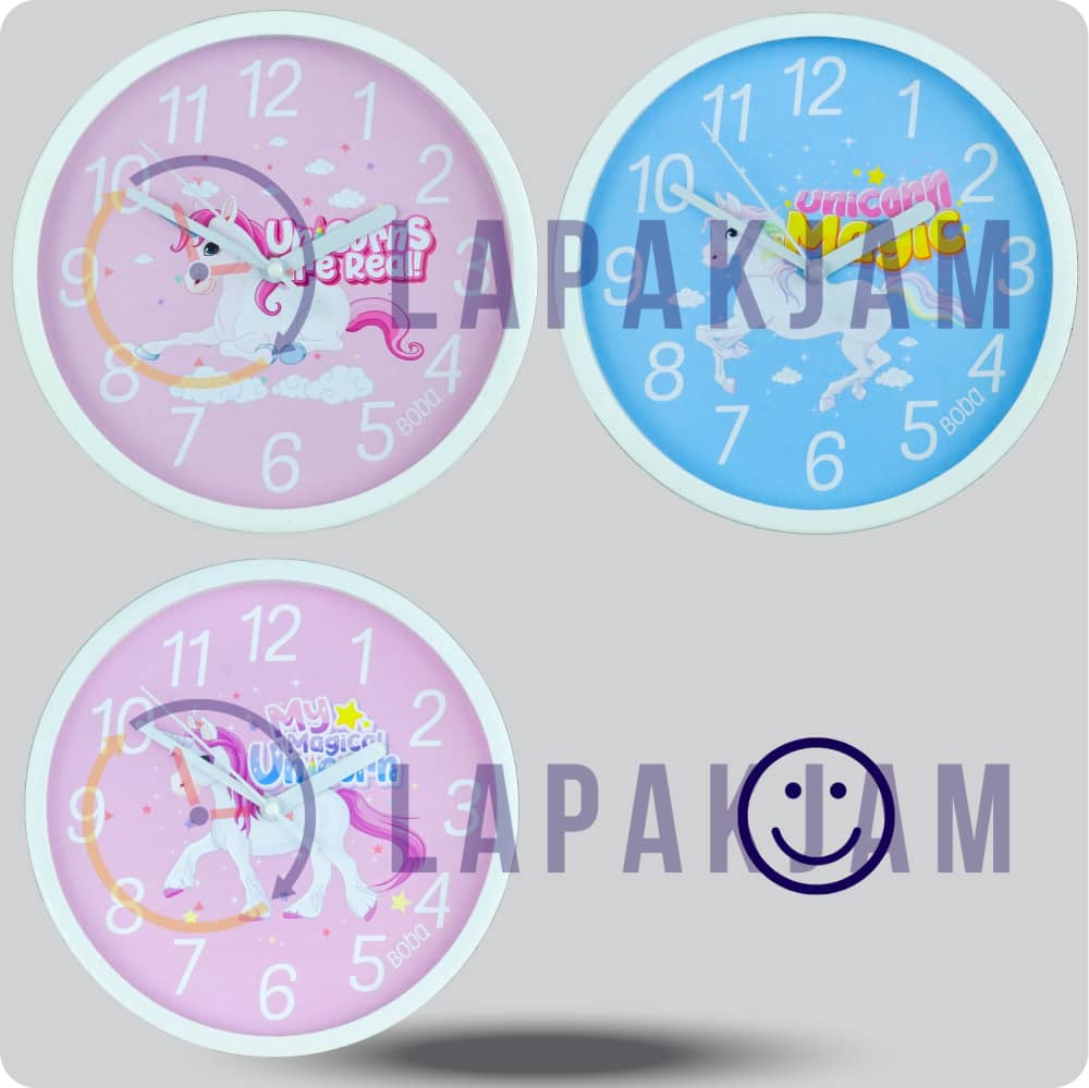 Jam Dinding Analog Karakter Anak Boba Magical Unicorn JDBOBABB1201-1668MUN